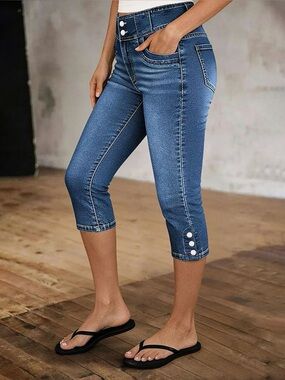 Flamingals Mid Rise Capri Skinny Elastic Wash Button Hem Jeans 3XL PS8-8